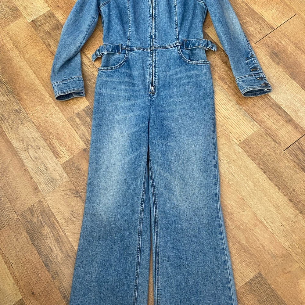 Free People Light Blue Denim Jumpsuit with Waist Tabs